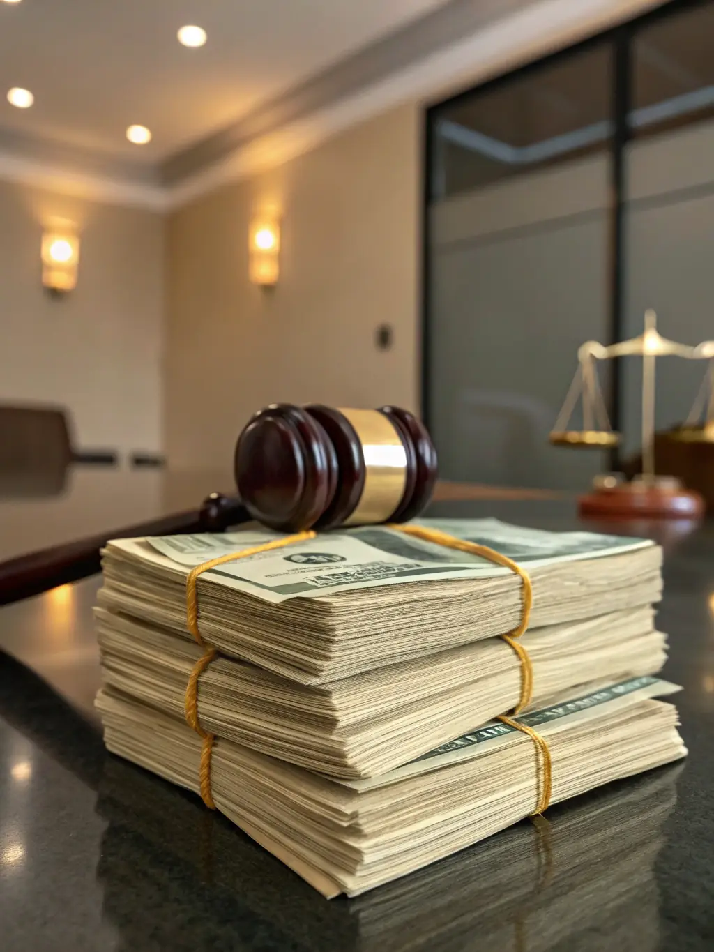 A stack of neatly arranged bonds with a gavel resting on top, symbolizing the security and legal aspects of bond investments.
