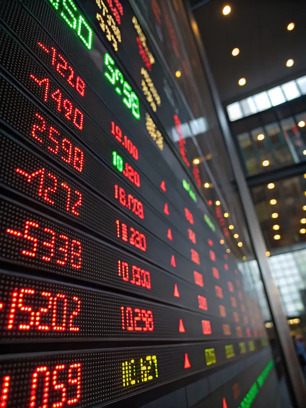 A close-up shot of a stock ticker display board, showing fluctuating numbers and symbols, with a blurred background of traders in a busy stock exchange.